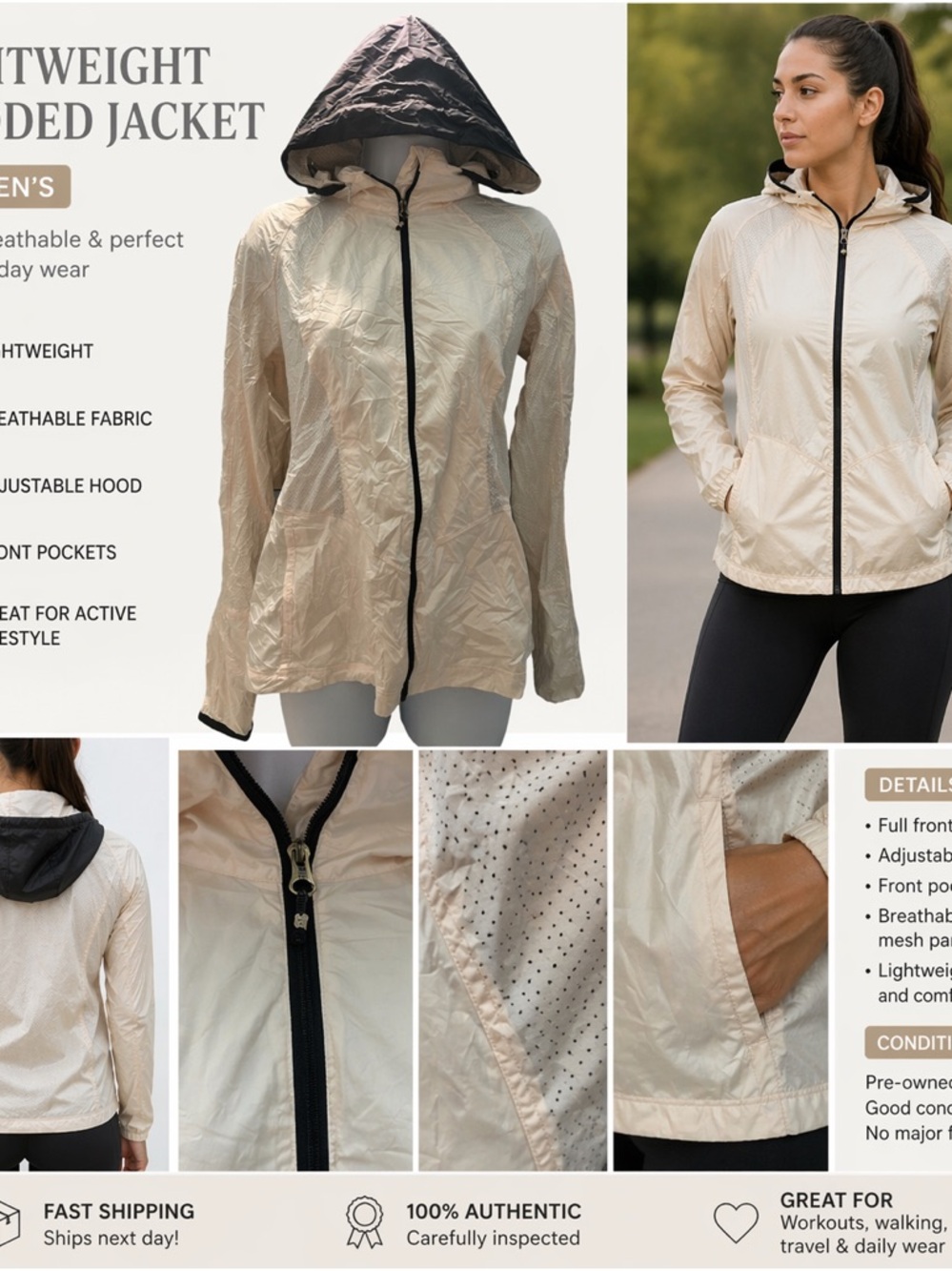 lululemon athletica Lightweight Packable Hooded Jacket in Cream with Black Trim
